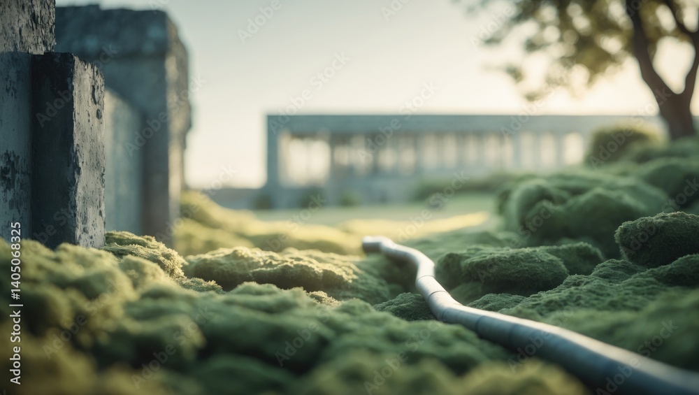 Poster a blurred building and a gray iron pipe form the backdrop