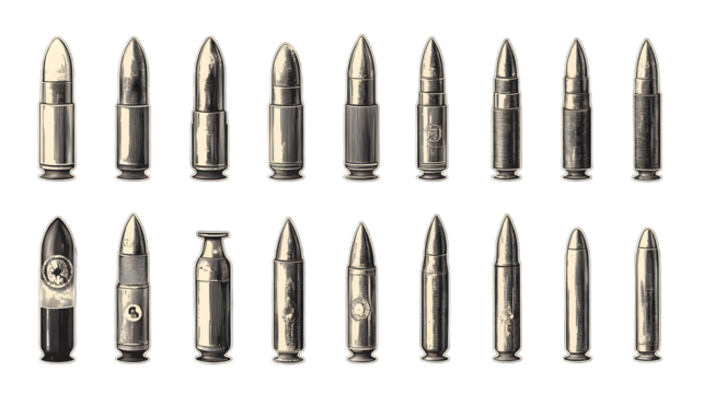 A detailed collection of various types of bullets displayed in a grid format, showcasing their design and features.