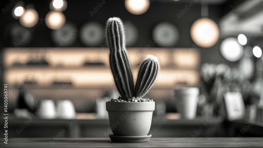 Poster cactus in a pot against a blurred backdrop, artistic image style. cactus arranged in a retail space.