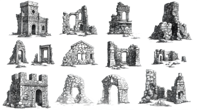 A collection of detailed stone ruins, showcasing various architectural styles and shapes in grayscale.