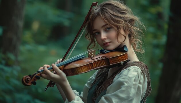 A young woman plays the violin in a lush forest setting.