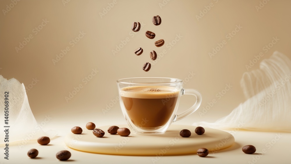 Poster a cup of cappuccino topped with aromatic foam and cascading hazelnuts and roasted coffee beans.