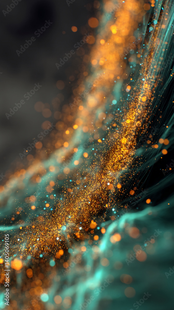 Poster Abstract image of teal and gold particles swirling, creating a dynamic and energetic visual. Represents luxury, technology, or a festive celebration