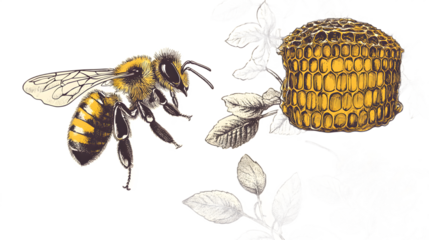 Illustration of a bee approaching a honeycomb amidst leaves, showcasing nature's intricate details.
