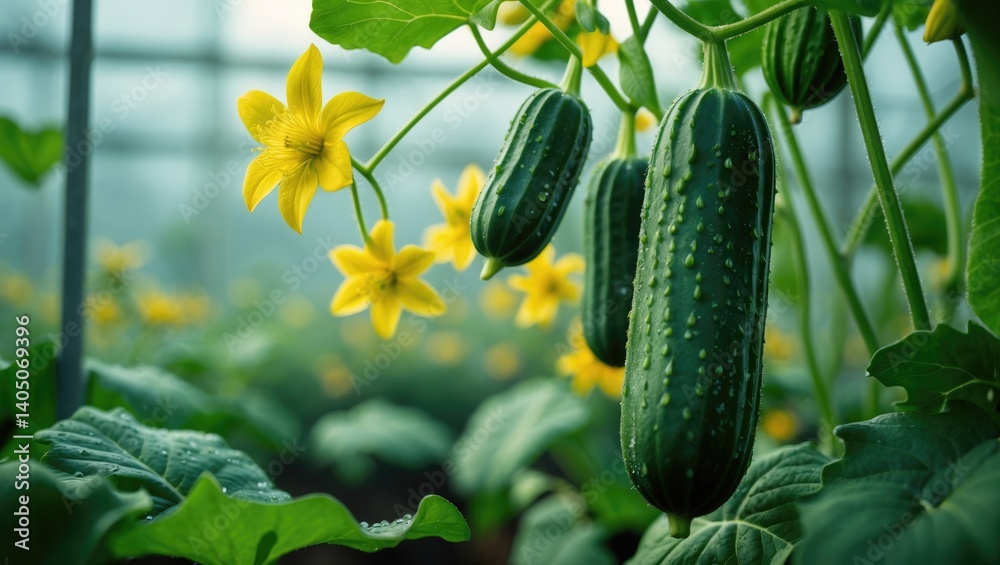 Aufkleber a tiny cucumber. cucumber blossom opens in a greenhouse during spring.