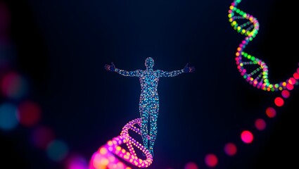 Glowing human figure made of multicolored dots emerging from vibrant dna helix on dark background