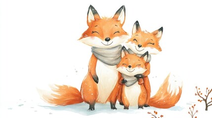 Obraz premium Adorable Illustration of Family of Foxes Cuddling Together in Snow Watercolor