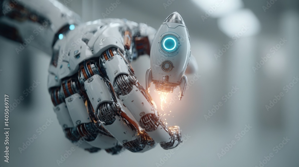 Poster futuristic robot with glowing eye symbolizing advanced technology and artificial intelligence in mod