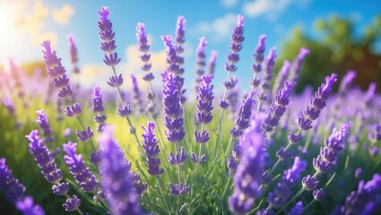 Obraz premium Cinematic view of illuminated lavender bush with aromatic violet blossoms