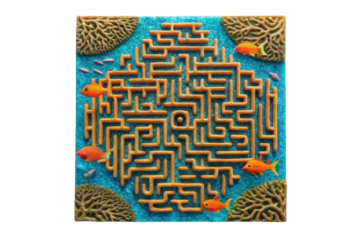 Creative maze design featuring colorful fish in coral surroundings, ideal for children's activities and educational purposes