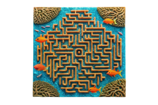 Creative maze design featuring colorful fish in coral surroundings, ideal for children's activities and educational purposes