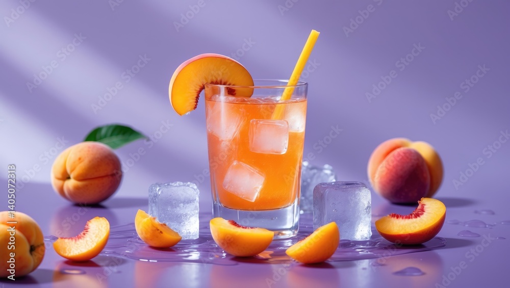 Poster on the tabletop is a glass of flavored water accompanied by ice cubes and a slice of apricot.