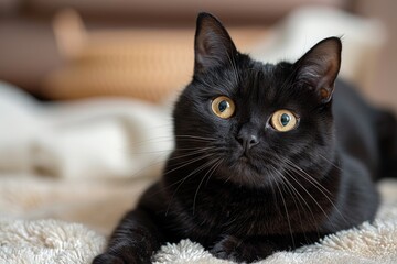 A lovely black cat with bright yellow eyes rests indoors