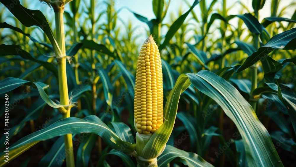 Poster a focused shot of a corn cob in the field.