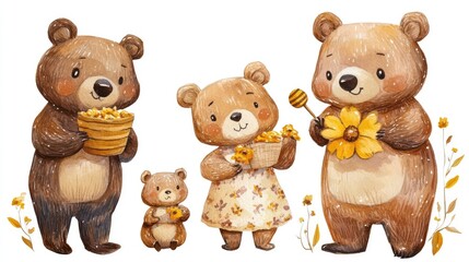 Cute Cartoon Bears Collecting Flowers in a Bright Floral Scene Watercolor