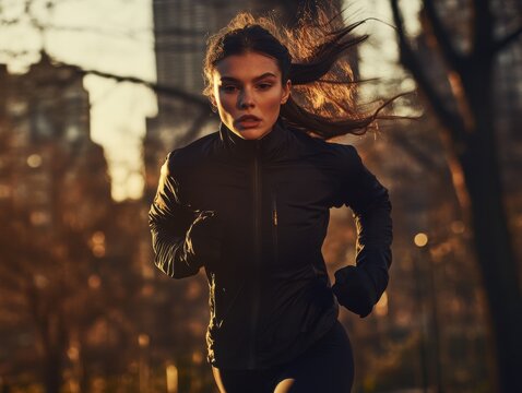 Focused female runner in a city park at golden hour.
