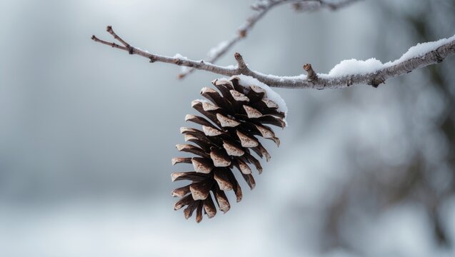 A detailed view of a branch blanketed in snow featuring a pine cone - Powered by Adobe