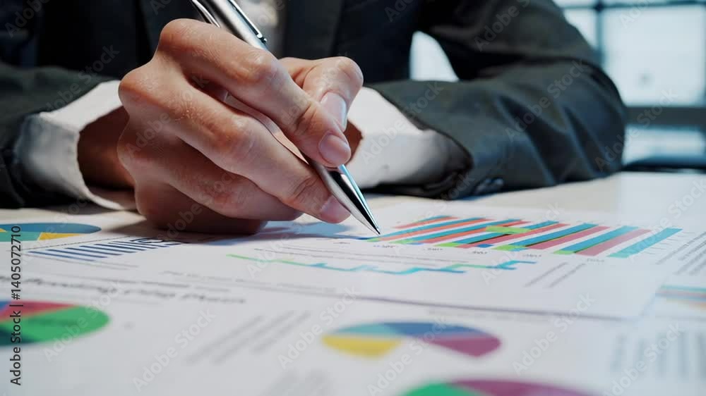 Poster businessman reviewing financial data, using a pen to point at charts and graphs, indicating a proces