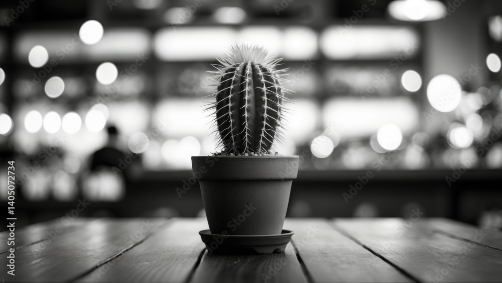Poster a potted cactus with a blurred background, styled image. cactus displayed in a store. monochrome pho