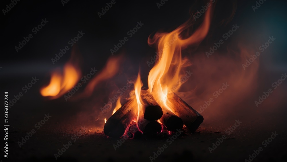 Poster a blurred bonfire with warm colors merging, creating a soft and radiant atmosphere on a black backdr