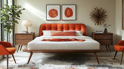 Mediterranean vibe bedroom with colorful woven rug high resolution image