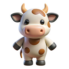 Naklejka premium An adorable cartoon cow, a symbol of innocence and farm life, stands cheerfully against a bright white background with a simple 3D rendering style.