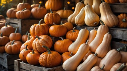 A lively arrangement of pumpkins and butternut squash presents a colorful harvest of seasonal produce