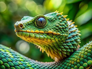 Obraz premium Hairy Bush Viper Close-Up: Green Scales, Striking Pose, Copy Space Left