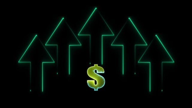 Glowing neon line of dollar sign icon and up arrow , Money, profit, investment, growth business, economy, finance and success concept.ney, profit, investment, growth business,