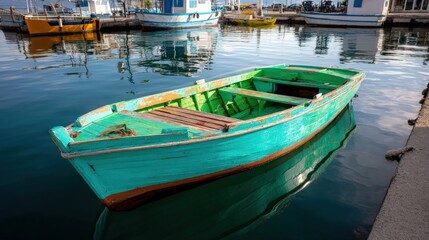 Fototapeta premium Turquoise Boat Docked in Water with Other Boats