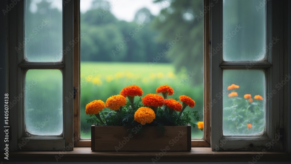Aufkleber A vertical image of a white window adorned with flowers on the sill
