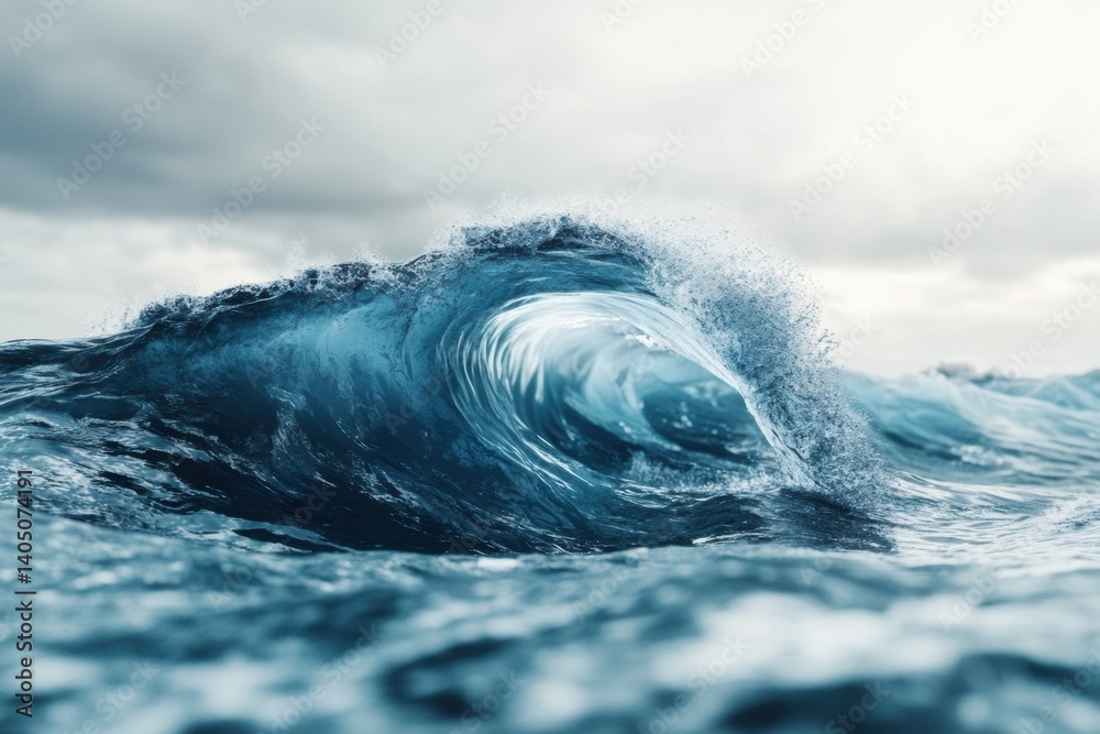 Poster ocean wave seamlessly transforming into a whale tail under a cloudy sky