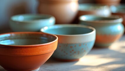 A line of pots showcasing various colors and designs, with the tallest pot in the center and the lightest pot at the bottom.