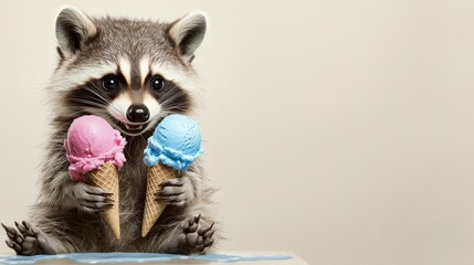 Adorable raccoon enjoying two ice cream cones.