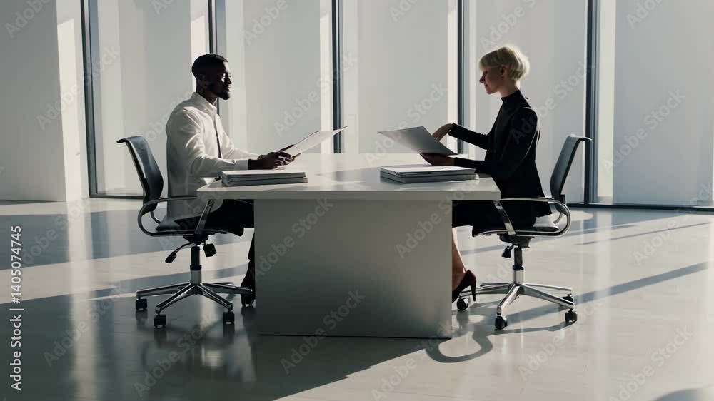 Poster Professional business colleagues discussing project details while sitting at white table in bright, modern office environment, exchanging documents and collaborating with focused interaction