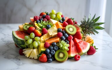 Colorful fruit platter with a variety of fresh and delicious fruits, ideal for a healthy snack or dessert. Watermelon, pineapple, berries & more.