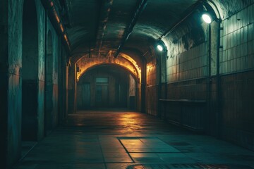 Fototapeta premium A dimly lit, subterranean hallway, shrouded in mystery.