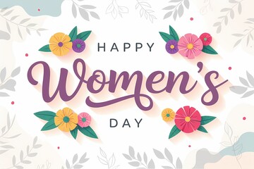 Obraz premium Happy Women's Day Card with Floral Decoration: A vibrant, festive card for International Women's Day, adorned with a variety of flowers and leaves and celebratory text, celebrating empowerment.