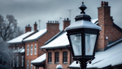 An up-close look at snow-laden vintage street lamps featuring frosted glass, set against a background of rooftops and brick facades.