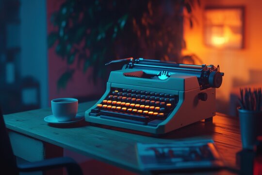 Vintage typewriter illuminated by warm ambient lighting.