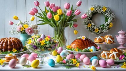 Fototapeta premium Festive dining table for brunch or dinner showcasing egg, bouquet of flowers, classic foods - cake, cross buns, wreath bread, glazed ham, and spring salad, with a white table background