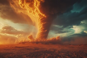 Fierce twister descends upon a desolate landscape during dramatic sunset.