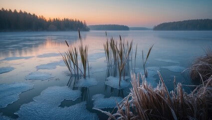A peaceful lake framed by grass and weeds, coated in a frost layer