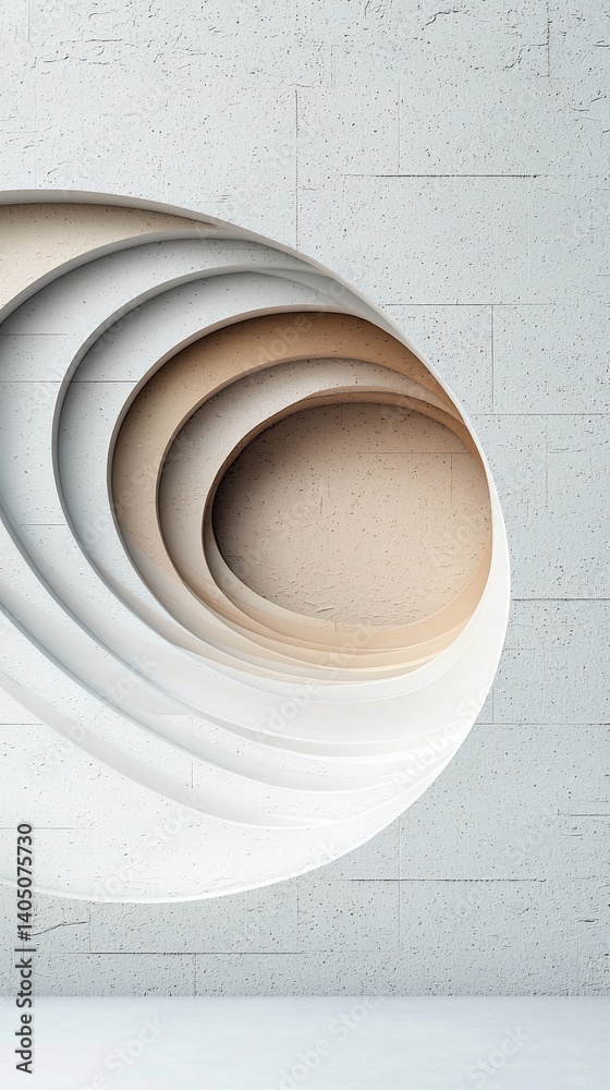 Poster abstract architectural design, layered concentric circles, light and neutral tones, creating a sense