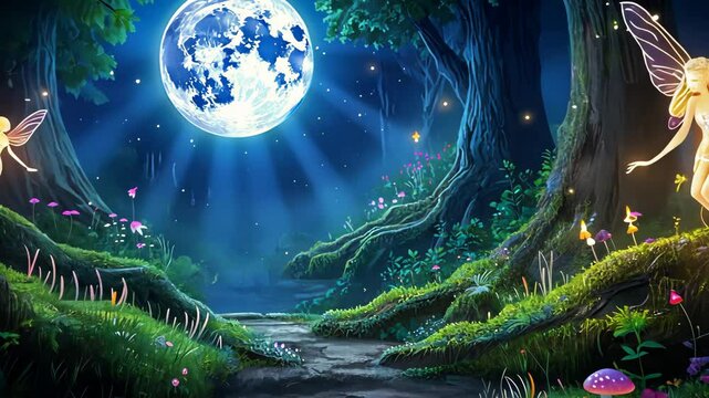 A luminous moon casts ethereal light on a magical forest inhabited by delicate winged figures, illuminating a winding path.