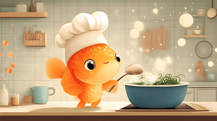 Adorable Goldfish Chef: Whimsical Kitchen Scene in Soft Hues