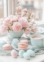 Easter Still Life with Macaroons and Eggs Next to a Coffee Cup. Light Pastel Easter Card