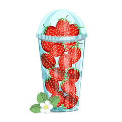Strawberries in a plastic cup with a lid, insulated on a white background.Vector composition for summer designs.
