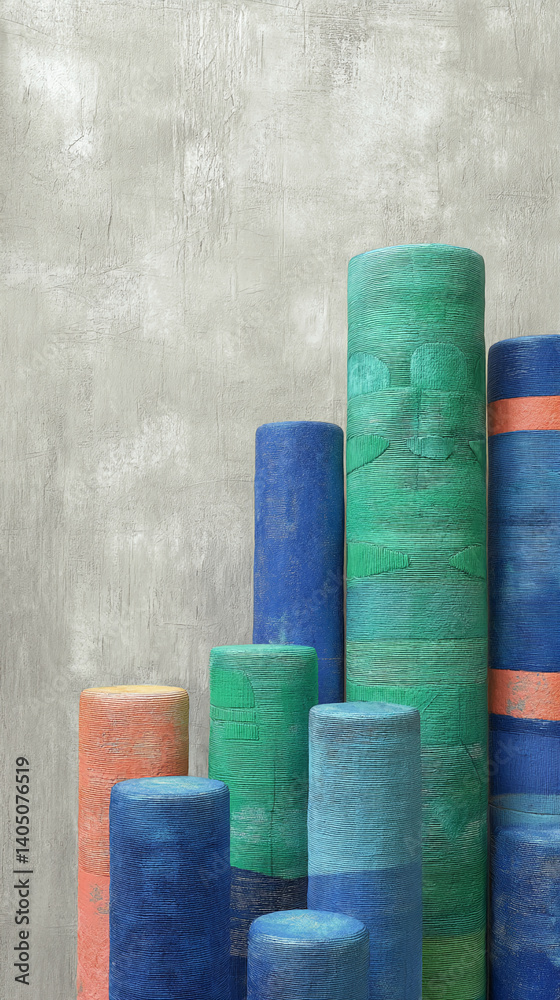 Poster textured cylinders in blue, green, and orange hues arranged on a gray background, creating a modern 