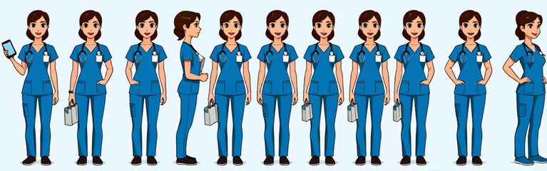 Numerous_illustrations_of_a_brunette_nurse_in_various_poses_wearing_blue_scrubs_and_a_stethoscope,some_hold_bags_or_a_phone,against_a_light_blue_background